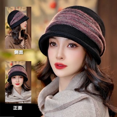 布塔阿拉善山羊绒花纱巨软糯叽叽羊毛女秋冬新款堆堆帽PT8036