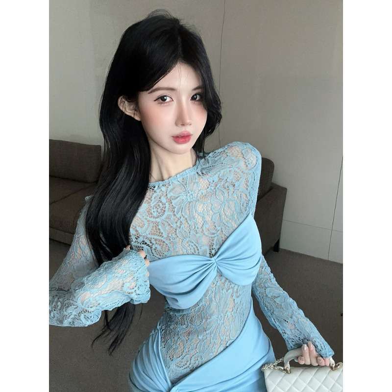 假两件不规则名媛蕾丝连衣裙女秋冬纯欲性感包臀裙显身材抹胸裙子