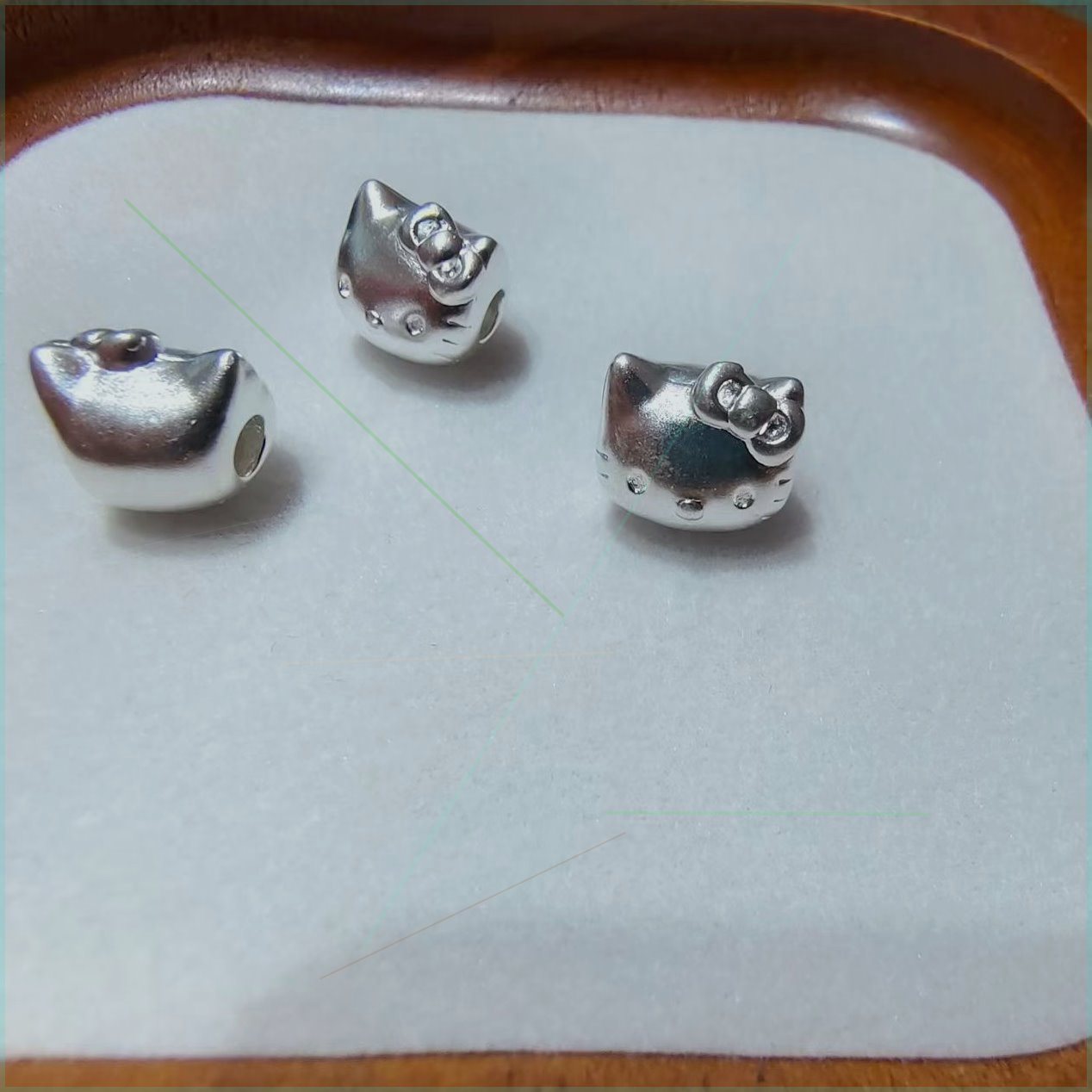 足银999么凹猫咪 纯银穿孔卡通手工 diy可爱穿线手链编织手串配饰