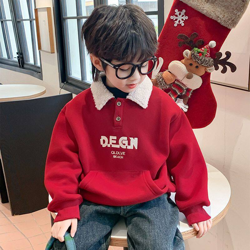 男童加绒卫衣冬装2026贺岁服新款儿童加绒装秋冬季红色加宝宝上衣