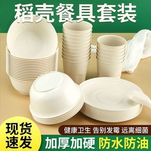 勺杯子饭碗碟食品级聚餐家用野餐四 一次用餐碗三件套稻壳碗筷套装
