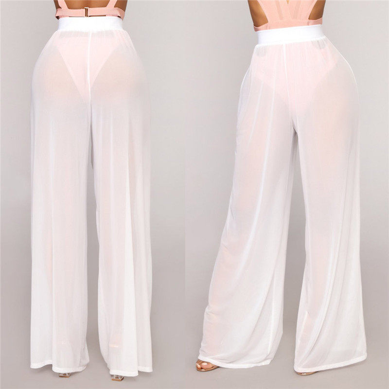 Women See Through High Waist Pants Sexy Transparent Loose Wi