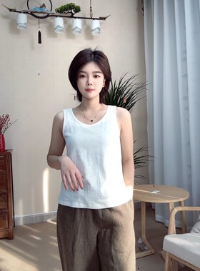 2025夏季100汉麻圆领背心修身显瘦简约百搭宽肩带女士吊带24701