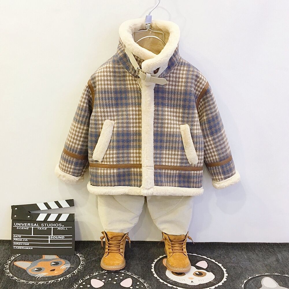 儿童加绒外套2024冬装新款男童加厚机车服夹克宝宝洋气呢子大衣潮