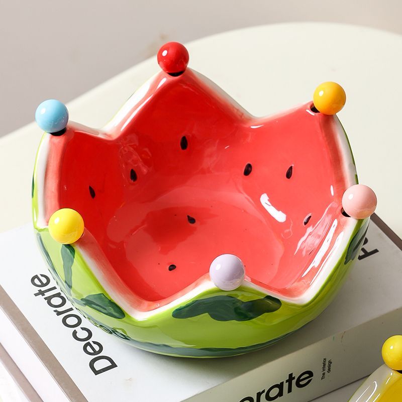 西瓜果叉碗创意陶瓷西瓜水果碗点心碗沙拉碗带叉家用客厅可爱不锈