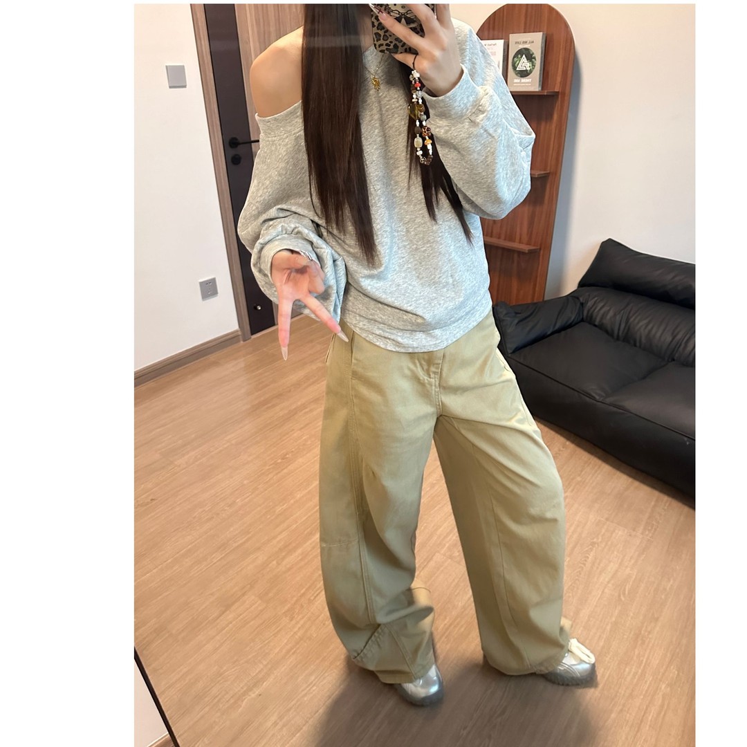 2025春季新款美式复古牛仔裤女设计感拼接卡其色宽松阔腿直筒长裤
