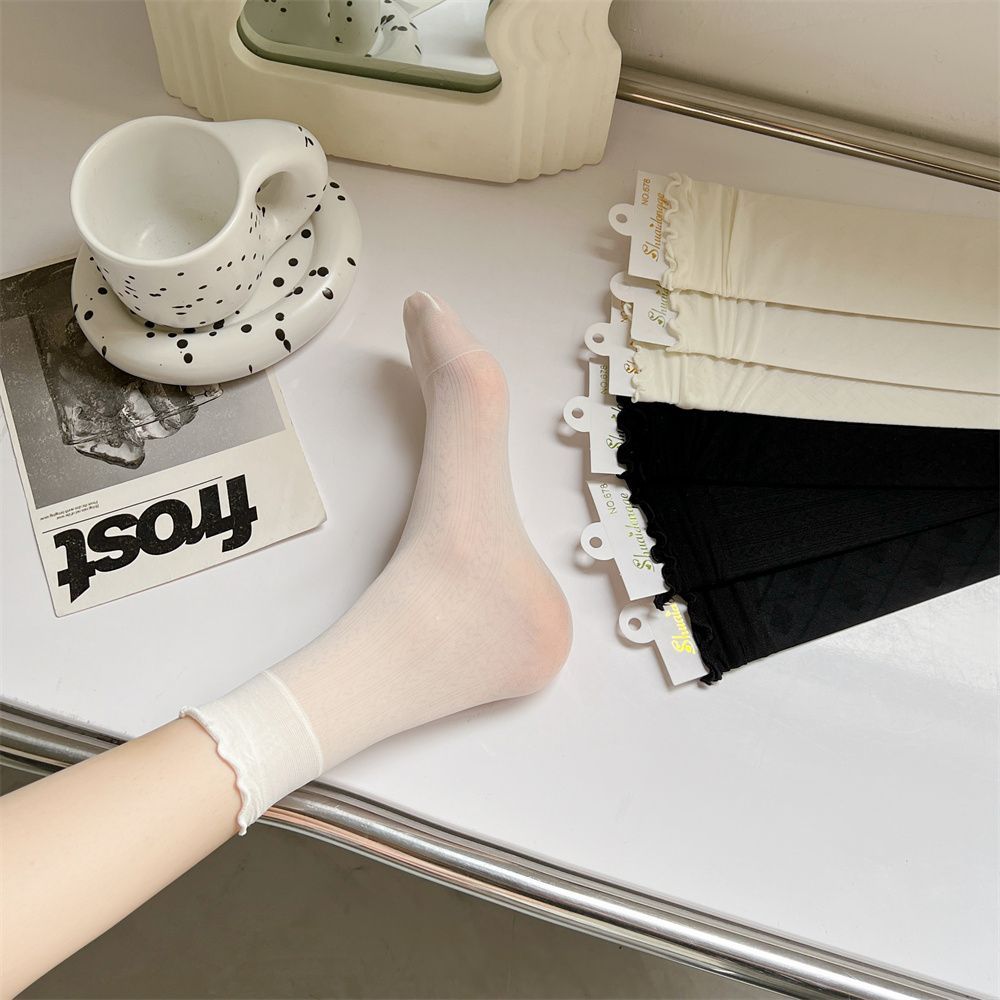 少女冰丝袜袜子女夏季薄款网眼透气中筒袜日系JK洛丽塔堆堆袜白色