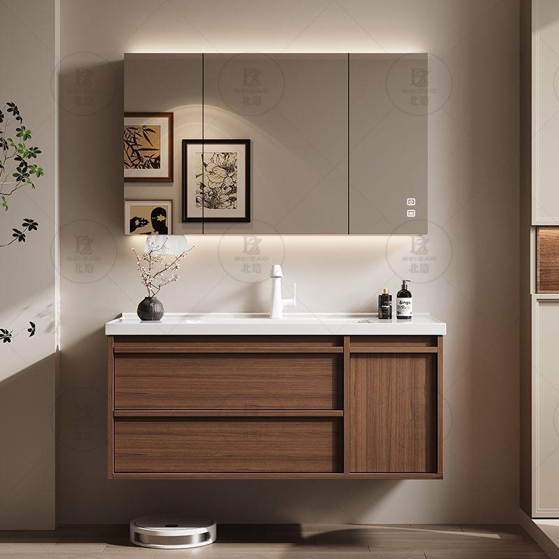 卫浴中古风胡桃木陶瓷一体盆橡木浴室柜组合卫生间洗手洗脸洗漱台