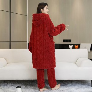 冬季女士中长款加绒加厚连帽大码套装睡衣可外穿睡衣家居服套装