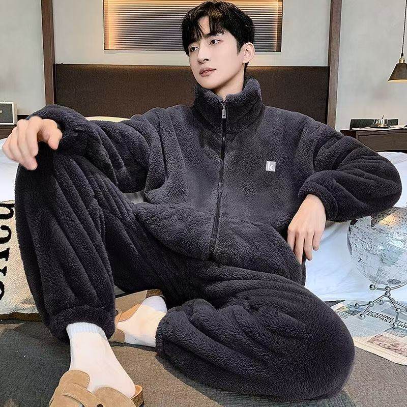 男士睡衣冬季珊瑚加厚套装保暖新款大码拉链宽松休闲可外家居服