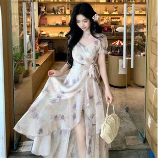连衣裙女 法式 不规则荷叶边裙子微胖mm夏季 新款 度假风印花显瘦短袖