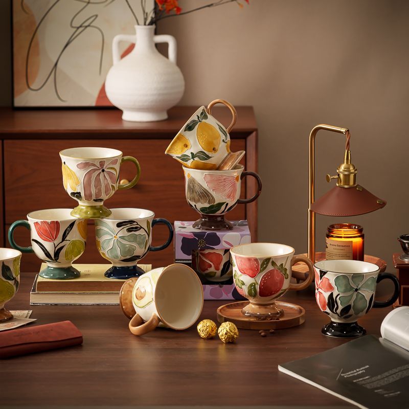 咖啡杯中古风中古风手绘陶瓷马克杯复古陶瓷杯咖啡杯早餐牛奶杯家