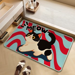 撞色喵喵亚麻编织卫生间地垫浴室防滑吸水地毯厕所洗手间速干脚垫