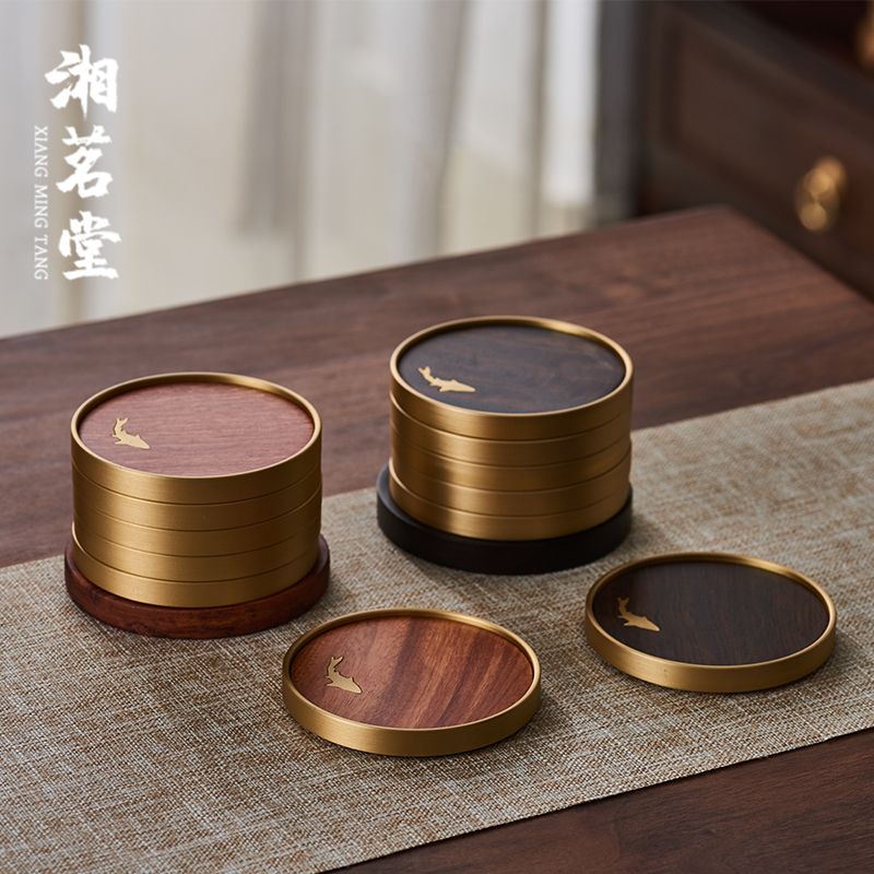 高档铜木茶杯垫轻奢创意新中式实木茶垫隔热茶杯托木质杯垫茶道