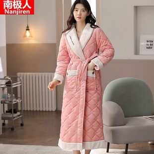 南极人睡袍男士冬季加厚长款珊瑚绒三层夹棉浴袍加绒长袍睡衣女冬
