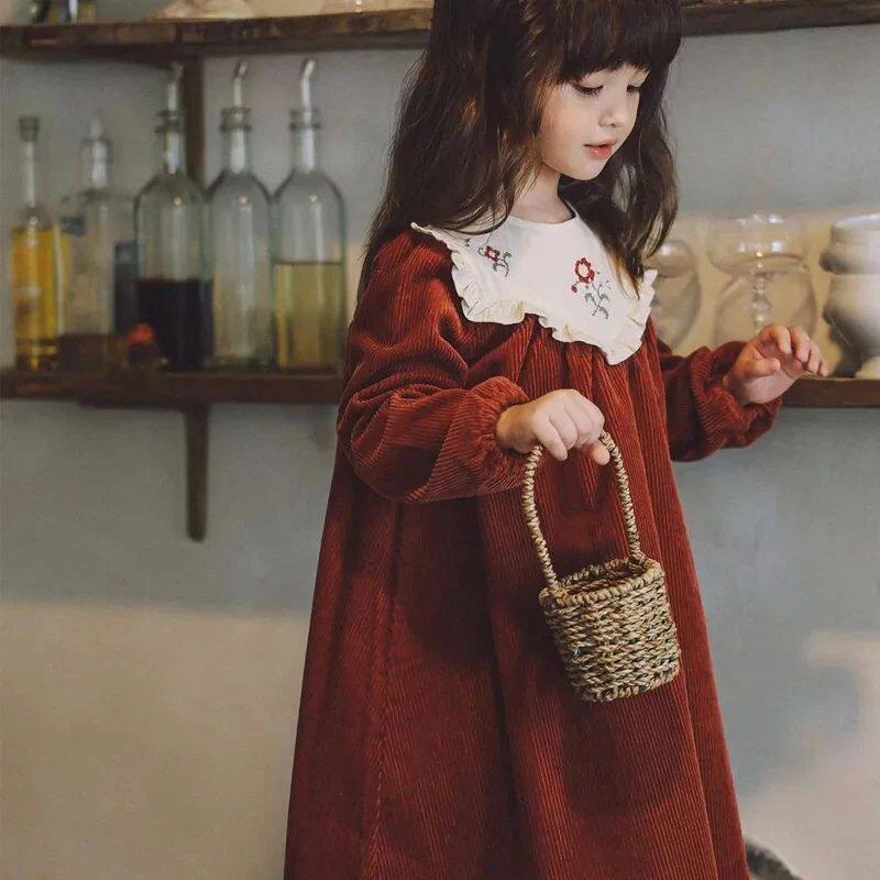 3-12 Years Kids Corduroy Long Sleeve Dresses for Girls Loose