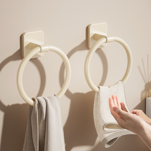 奶油白卫生间毛巾环免打孔壁挂太空铝圈环挂架浴室洗澡间毛巾架子