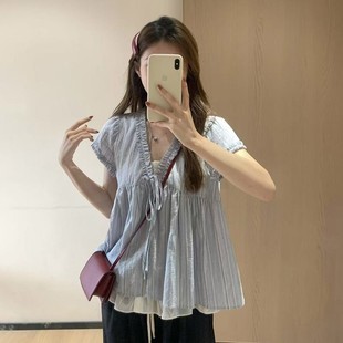 宽松遮肉显瘦上衣8270 2025夏季 新款 微胖mm蓝色条纹假两件短袖 小衫