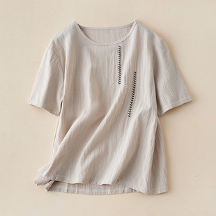 大码 文艺棉麻刺绣t恤夏季 新款 上衣Y0 宽松简约短袖 现货 运费险
