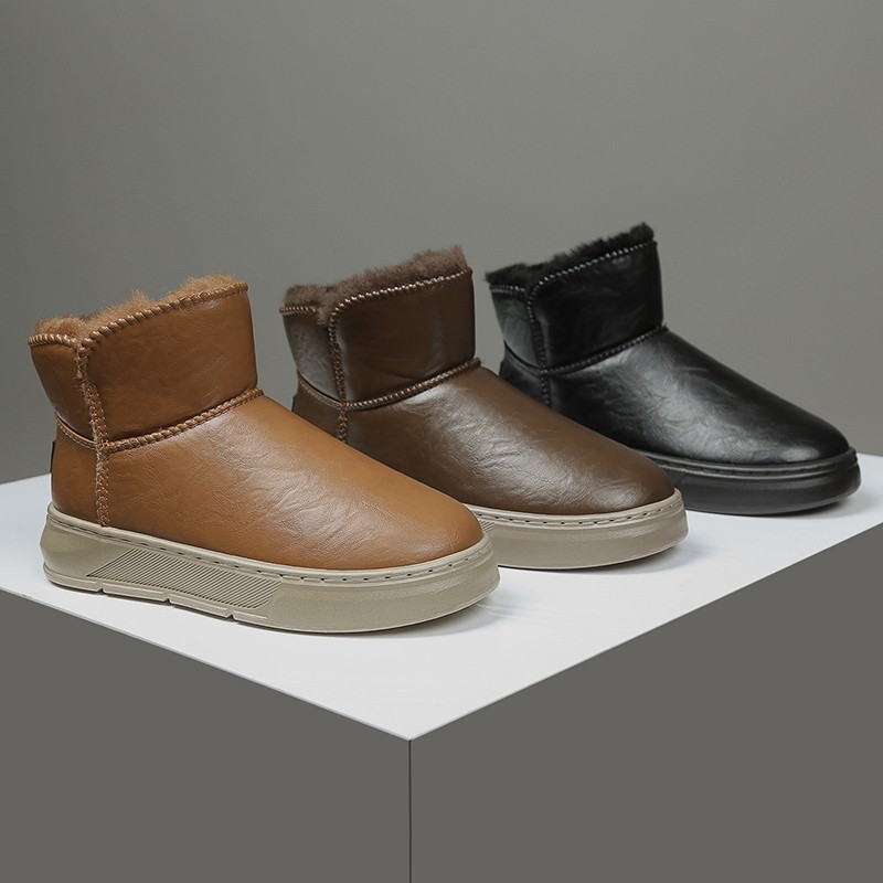 雪地靴男士皮面防水加绒加厚防滑厚底短靴保暖男女棉鞋