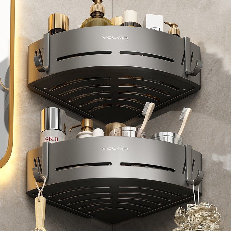 枪灰浴室三角置物架免打孔淋浴房卫生间转角三角篮厕所壁挂收纳架