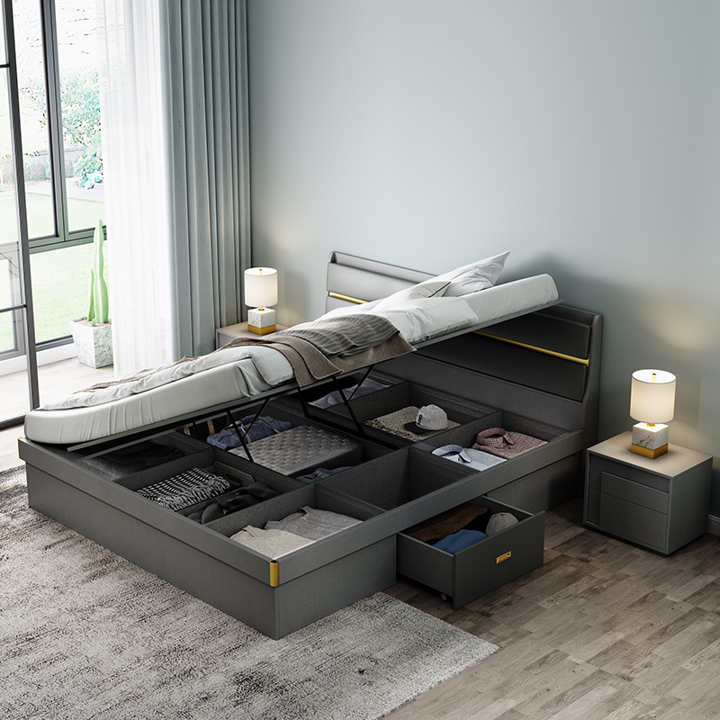 香港包邮小户型高箱储物侧开床1.2米单人硬板轻奢现代板式收纳气