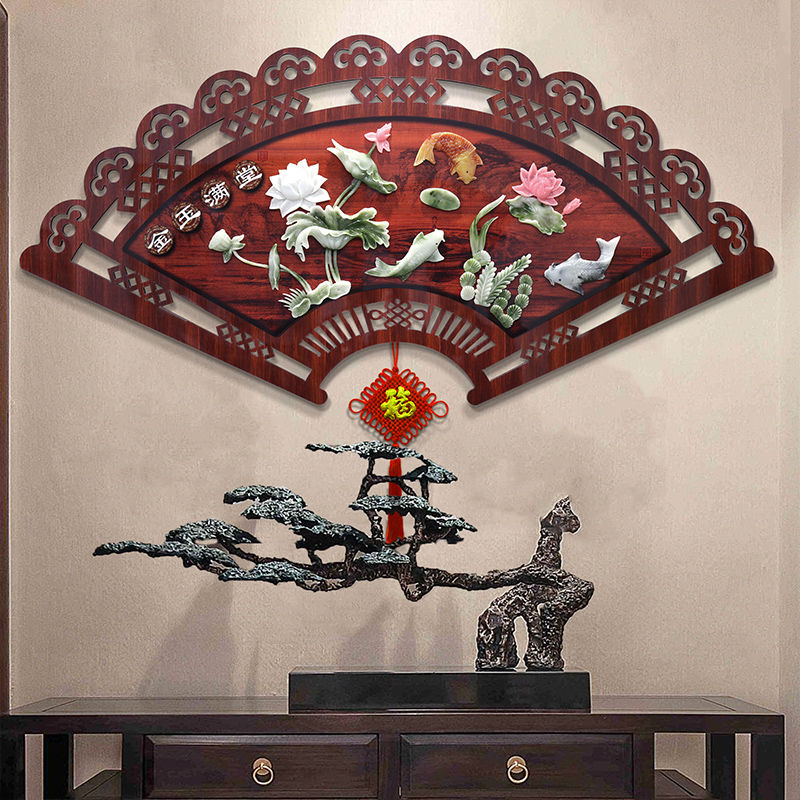 扇形装饰画客厅电视沙发背景墙挂画餐厅玄关卧室浮雕中式玉雕壁画图片