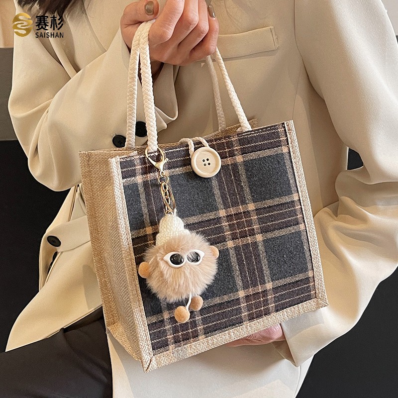 上班便携式包包女时尚亚麻帆布包女ins洋气出门百搭单肩手提袋子