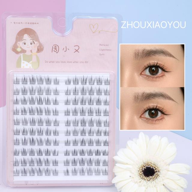 周小又懒人新手太阳花假眼睫毛黑梗小恶魔卷翘单簇超细梗睫毛Y15