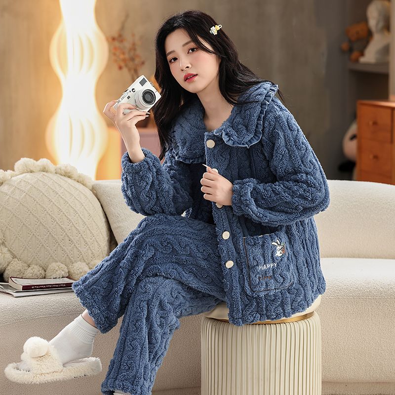 珊瑚绒睡衣女秋冬季加厚加绒提花长毛绒保暖冷空气外穿家居服套装