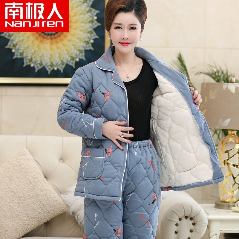 南极人冬季睡衣女夹棉中年妈妈加厚纯棉三层保暖加大码棉袄可外穿