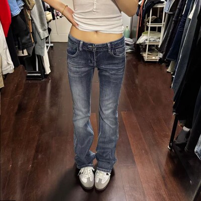 新款深色低腰修身牛仔裤小微喇裤微直筒裤脚女款拖地款