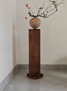 侘寂风实木墩底座中古风柱子雕塑台客厅茶室落地装饰民宿复古摆件