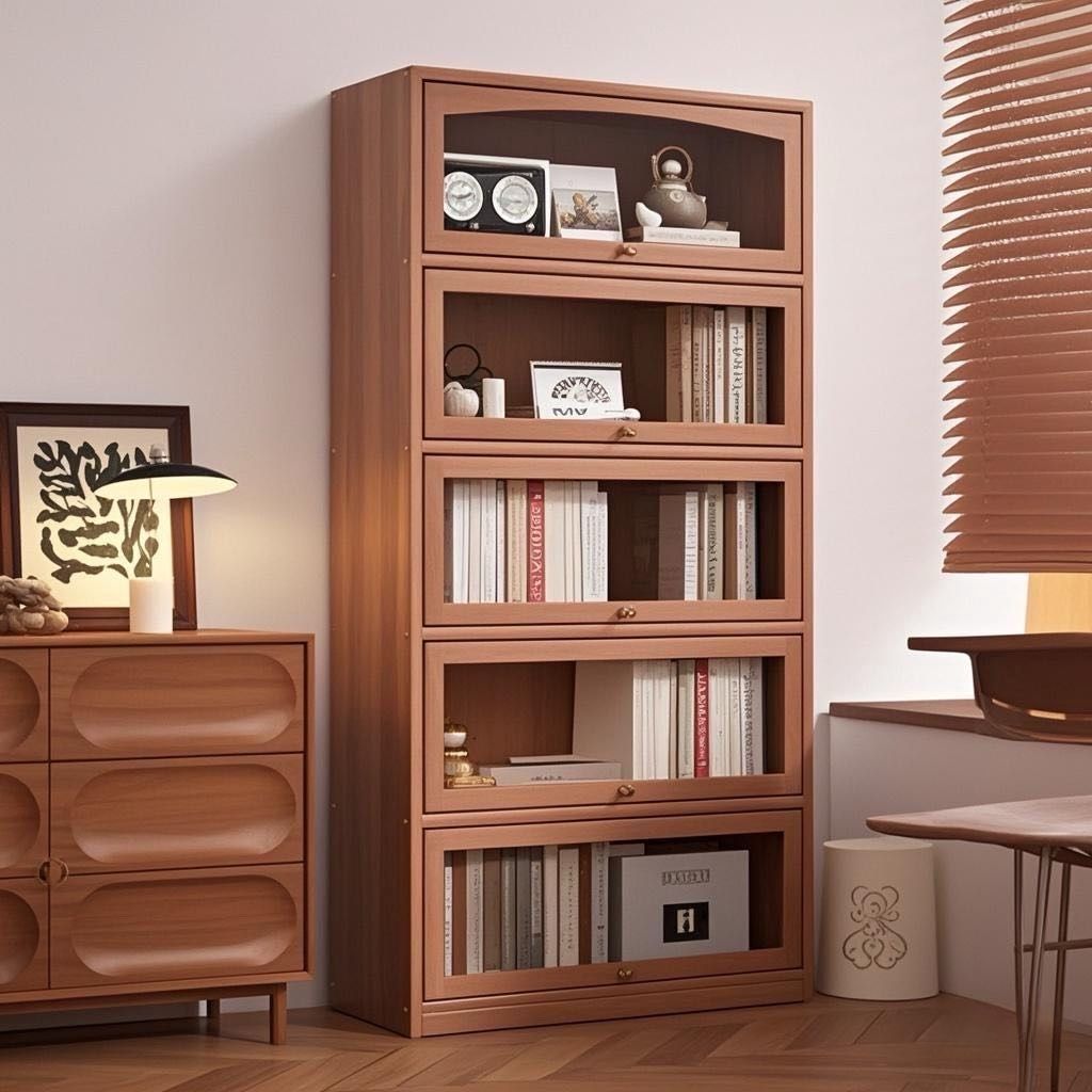 实木书柜书架收纳带门家用多层客厅叶颗粒玻璃门置物架柜落地防尘