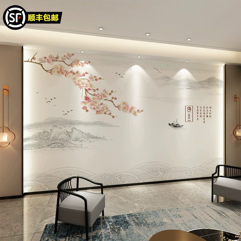 2025满庭芳花鸟壁布8d酒店卧室客厅沙发墙布山水电视背景墙纸壁画,家装主材,定制壁画,淘宝优惠券,粉丝福利购,淘宝优惠卷