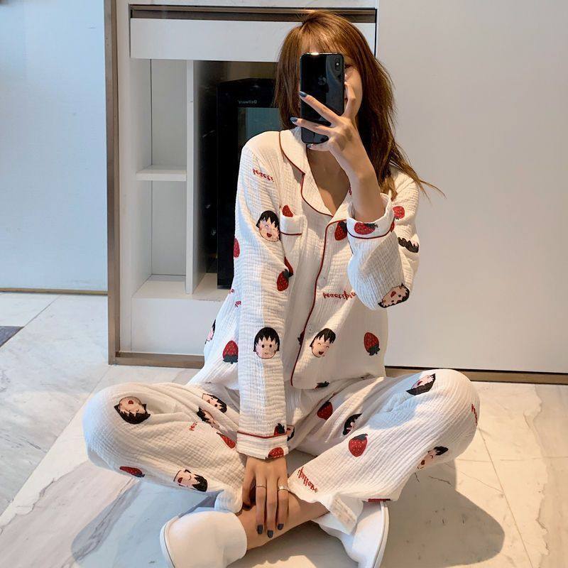 樱桃小丸子睡衣婴儿纱睡衣女春秋学生日系可爱樱桃小丸子长袖长裤