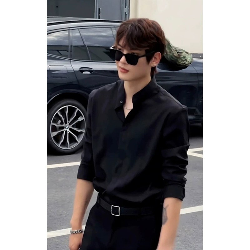 韩国进口新中式黑色衬衣高级感痞帅炸街冰丝立领衬衫男长袖潮牌商