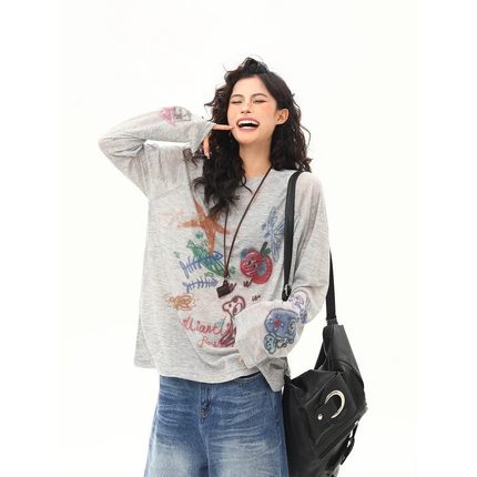 美式复古涂鸦印花T恤长袖防晒罩衫女夏季设计感慵懒风宽松上衣潮