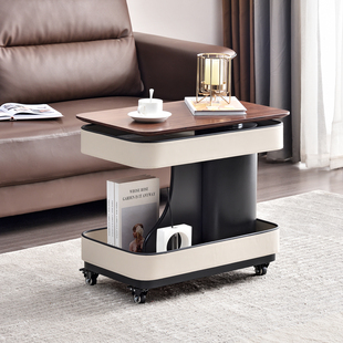 可移动边几实木升降茶几马鞍皮沙发边桌客厅边柜意式极简小推车