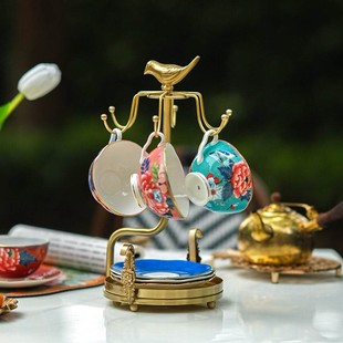 [奇居视频]雀鸟黄铜6勾单层咖啡杯碟收纳家用欧式轻奢杯架置物架