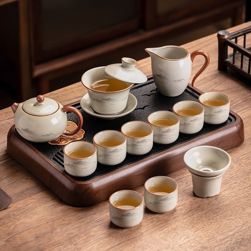 汝窑功夫茶具套装家用轻奢高档陶瓷泡茶壶盖碗喝茶杯整套喝茶器具