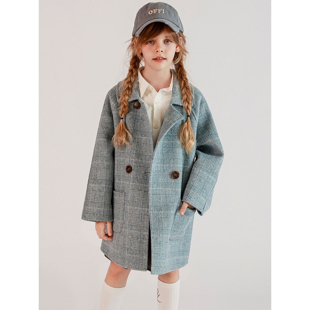 双面羊毛格子大衣亲子中长款西装毛呢男童女童秋冬韩版新款外套