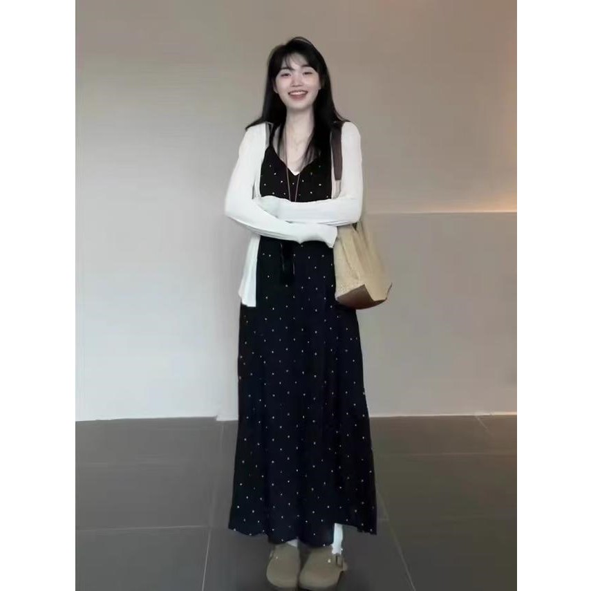 法式黑点点花吊带连衣裙夏季小众纯欲风气质显瘦长裙