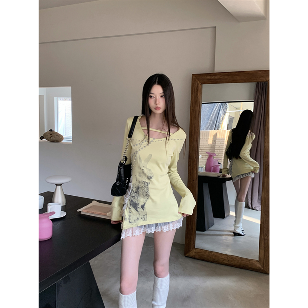 纯欲蕾丝花边拼接显瘦长袖上衣女春夏2025新款设计感小众修身T恤