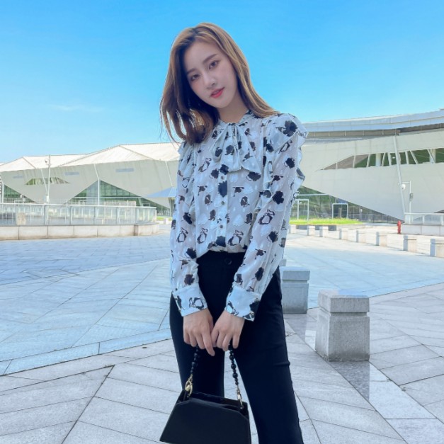 衬衫女2025水墨图案荷叶边拼接百搭上衣【12C161】