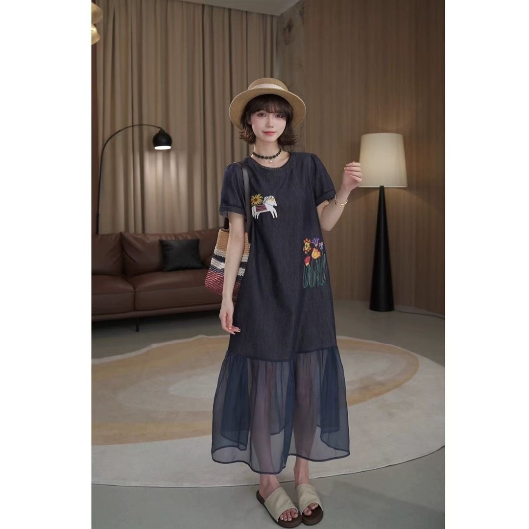 【曲奇COOKY专属】2025新款设计圆领短袖下摆拼接显瘦夏季连衣裙