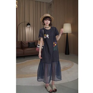 【曲奇COOKY专属】2025新款设计圆领短袖下摆拼接显瘦夏季连衣裙