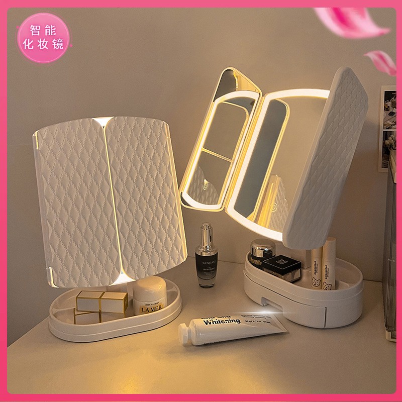 台式化妆镜带补光灯二合一体led镜子折叠梳妆镜可调节贝壳三面镜