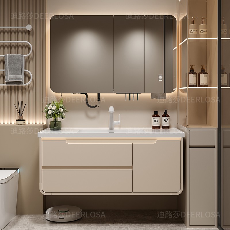奶油风浴室柜陶瓷一体盆组合柜卫生间洗手盆实木洗脸洗漱台洗手池