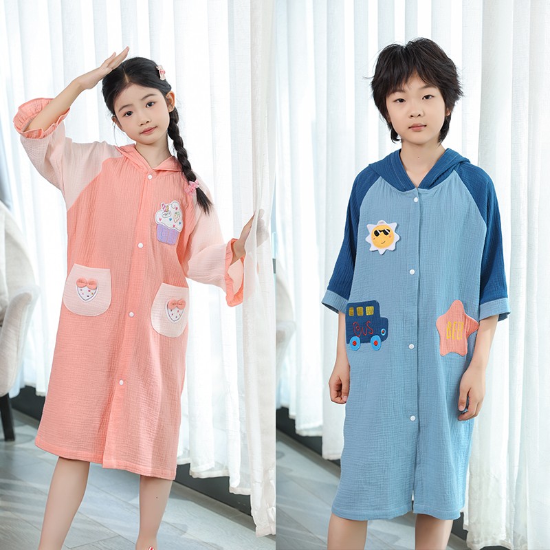 【如之纺】儿童纯棉纱布春夏可穿式浴巾洗澡游泳薄款浴裙全棉浴袍